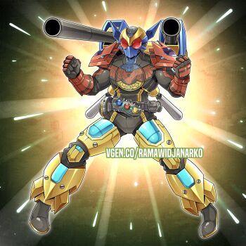 1boy absurdres armor black_bodysuit blue_armor bodysuit cosplay full_body highres kamen_rider_ooo male_focus ooo_driver ramawidjanarko2 red_armor shoulder_cannon white_armor xyz-dragon_cannon xyz-dragon_cannon_(cosplay) yu-gi-oh!