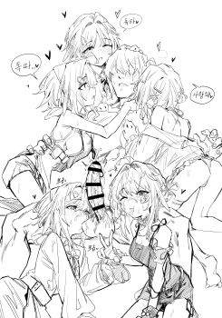 Rule 34 | 1boy, 5girls, absurdres, after fingering, ahoge, arknights, bar censor, bare shoulders, blush, breasts, censored, clone harem, closed mouth, commentary request, cum, cum on body, cum on hair, cum on penis, doctor (arknights), erection, facial, greyscale, group sex, hair intakes, heart, highres, korean text, la pluma (arknights), large penis, large testicles, looking at viewer, male doctor (arknights), medium breasts, monochrome, multiple girls, nude, one eye closed, oral, panties, penis, sitting, sketch, su reut, testicle sucking, testicles, translation request, underwear, v, veins, veiny penis