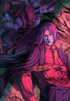 1boy 1other alternate_costume argyle_skin armor blood blood_on_clothes blood_on_wall blood_splatter clenched_hand clenched_teeth closed_mouth collared_shirt commentary cowboy_shot diavolo epitaph_(jojo) formal_clothes green_eyes highres jacket jacket_on_shoulders jojo_no_kimyou_na_bouken king_crimson_(stand) long_hair long_sleeves looking_at_viewer makeup male_focus necktie orange_necktie pants parted_lips pauldrons pink_hair pinstripe_jacket pinstripe_pattern pinstripe_suit polka_dot_necktie pur_ple02imo purple_jacket purple_lips purple_pants red_shirt shirt shoulder_armor spotted_hair stand_(jojo) standing striped_clothes striped_jacket suit symbol-only_commentary teeth vento_aureo