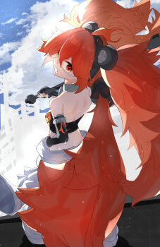 1girl absurdres ahoge animal_ears bare_shoulders bear_ears black_gloves breasts crop_top eyepatch fake_animal_ears fingerless_gloves gloves hair_between_eyes hair_ornament highres holding koleda_belobog long_hair looking_at_viewer midriff navel pants red_eyes red_hair solo sphere_hair_ornament twintails zenless_zone_zero zeroartwo