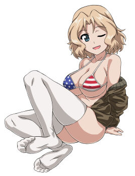 1girl 9s0ykoyama117 absurdres american_flag american_flag_bikini american_flag_print bikini blonde_hair blue_eyes breasts cleavage closed_mouth collarbone commentary_request covered_erect_nipples flag_print flag_print_bikini full_body girls_und_panzer highres kay_(girls_und_panzer) looking_at_viewer military_uniform one_eye_closed print_bikini saunders_military_uniform short_hair simple_background smile solo swimsuit thighhighs white_background white_thighhighs