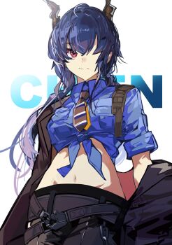 1girl arknights black_jacket black_pants blue_hair blue_shirt ch&#039;en_(after_storm)_(arknights) ch&#039;en_(arknights) character_name chiriejjiyo commentary dragon_horns highres horns jacket long_hair midriff navel official_alternate_costume open_clothes open_jacket pants red_eyes shirt solo tied_shirt upper_body