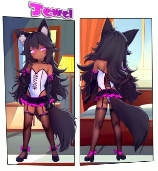 1girl absurdres animal_ear_fluff animal_ears ass barefoot black_choker black_gloves black_hair black_shoes black_skirt black_thighhighs bow character_name choker closed_mouth covered_navel dark_skin day elbow_gloves flat_chest footwear_bow fox_ears fox_girl fox_tail frilled_gloves frills from_behind full_body garter_straps glove_bow gloves hair_between_eyes hand_on_own_hip hand_on_own_thigh highres indoors leotard long_hair looking_at_viewer miniskirt moneymop multiple_views o-ring o-ring_choker original outside_border pink_bow pink_eyes pink_gloves pink_pupils pink_skirt pleated_skirt reference_sheet ribs see-through_clothes see-through_thighhighs shoes skirt smile standing tail tail_under_clothes tan thighhighs turnaround two-tone_gloves two-tone_skirt very_long_hair white_leotard