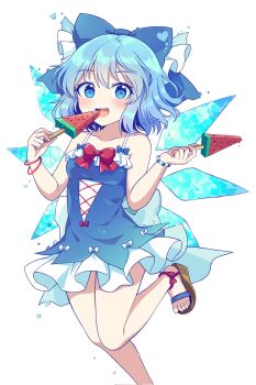 1girl :d blue_bow blue_eyes blue_hair blue_one-piece_swimsuit blush bow brown_sandals cirno cirno_day collarbone commentary food foot_out_of_frame frilled_one-piece_swimsuit frills hair_bow highres holding holding_food ice ice_wings kaoling looking_at_viewer one-piece_swimsuit open_mouth popsicle sandals short_hair simple_background smile solo standing standing_on_one_leg swimsuit symbol-only_commentary touhou watermelon_bar white_background wings