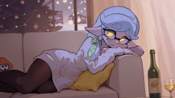 1girl alcohol alternate_costume alternate_hairstyle black_pantyhose blush bottle christmas_tree couch cup curtains dress drinking_glass earrings facing_viewer fangs glowing glowing_eyes green_hair grey_hair grin head_on_hand indoors inkling jewelry laz_gm looking_at_viewer lying marie_(splatoon) mole mole_under_eye multicolored_hair nintendo on_couch on_side pantyhose pillow pointy_ears smile solo splatoon_(series) stuffed_toy sweater sweater_dress tentacle_hair two-tone_hair white_wine wide_hips window wine wine_bottle wine_glass yellow_eyes