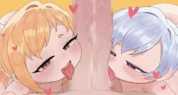 1boy 2girls age_difference animated blonde_hair blue_hair blush brown_eyes censored character_request cooperative_fellatio eyebrows fellatio hetero huge_penis kimi_no_koto_ga_dai_dai_dai_dai_daisuki_na_100-nin_no_kanojo licking loli looking_at_viewer mosaic_censoring motylek multiple_girls open_mouth oral penis pov pov_crotch tagme teamwork_(sexual) tongue tongue_out video yellow_eyes