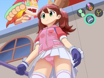 1girl breasts brown_hair from_below gameplay_mechanics gloves green_eyes hair_ribbon highres legs net panties pantyshot pink_panties ribbon saru_getchu sayaka_(saru_getchu) skirt small_breasts smile solo sony thighs twintails underwear