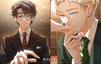 2boys artist_name black_hair black_suit blonde_hair blue_eyes character_name closed_mouth collar draco_malfoy earrings english_text eyelashes formal_clothes glasses green_eyes green_suit handkerchief harry_potter harry_potter_(series) holding_hands jewelry kiss kissing_hand lightning_bolt_symbol male_focus messy_hair ming_cha multiple_boys necktie panels pocket_square ring scar scar_on_face scar_on_forehead shirt sparkle striped_necktie suit white_shirt wing_collar wizarding_world yaoi