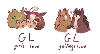 2girls 2others ;d @_@ absurdres ahoge animal_ears aqua_eyes bilingual_commentary brown_hair commentary creature_and_personification daitoko english_commentary english_text hair_between_eyes hair_ornament hairband highres horse horse_ears horse_girl looking_at_another meisho_doto_(racehorse) meisho_doto_(umamusume) mixed-language_commentary multicolored_hair multiple_girls multiple_others one_eye_closed open_mouth personification pink_hairband ponytail purple_eyes real_life short_hair simple_background smile star_(symbol) star_hair_ornament taiki_shuttle_(racehorse) taiki_shuttle_(umamusume) two-tone_hair umamusume white_background white_hair
