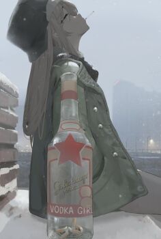 1girl alcohol blonde_hair bottle cigarette cigarette_butt city coat dleung fog from_side fur_hat glass_bottle green_coat grey_eyes hand_in_pocket hat highres lamppost long_hair looking_up mouth_hold original outdoors sitting smoking snow snowing solo stolichnaya_(vodka) ushanka vodka winter winter_clothes winter_coat