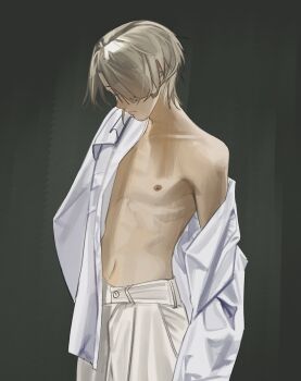 1boy blonde_hair closed_eyes collarbone collared_shirt commentary english_commentary facing_down freminet_(genshin_impact) genshin_impact hair_over_one_eye highres male_focus naomifiction navel nipples shirt short_hair skinny solo undressing white_shirt