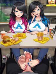 1boy 2girls arch_linux barefoot black_lips blue_eyes blue_nails blush breasts collarbone commentary commission cooperative_footjob efreezerarts english_commentary feet food foot_focus footjob footjob_under_table french_fries hetero highres large_breasts legs linux long_hair looking_at_viewer multicolored_hair multiple_girls nail_polish open_mouth penis penis_out pov_across_table red_nails shimaidon_(sex) shoes siblings sisters sitting smile socks soles stealth_footjob table teamwork_(sexual) toenail_polish toenails toes twins two-footed_footjob uncensored under_table unworn_shoes unworn_socks