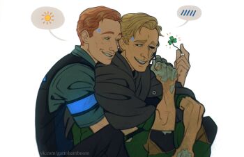 Rule 34 | 2boys, armband, black sclera, blonde hair, blood, blue armband, blue blood, burn scar, cloak, clover, colored sclera, damaged, damaged skin, detroit: become human, hashtag-only commentary, highres, hug, hug from behind, jerry (detroit), male focus, multiple boys, orange hair, ralph (detroit), scar, scar on face, sitting, spoken blush, spoken sun, teppn (gattobamboom), torn clothes, vest