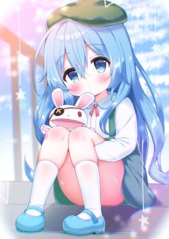 1girl blue_eyes blue_hair blue_shoes blush chubaki date_a_live dress from_front green_hat hand_puppet hat himekawa_yoshino legs_together long_hair looking_at_viewer on_stairs outdoors puppet shoes sitting sky smile socks stairs thighs very_long_hair white_socks yoshinon
