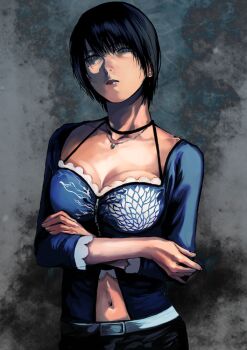 1girl belt black_hair breasts collarbone earrings fatal_frame fatal_frame_iii:_the_tormented gauss_&lt;bokashi jewelry kurosawa_rei lips looking_at_viewer mole mole_under_eye navel navel_peek necklace short_hair solo zipper_pull_tab
