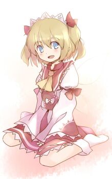 1girl ascot between_legs blonde_hair blue_eyes blush commentary_request fang frilled_skirt frills hair_ribbon hand_between_legs headdress long_sleeves one-hour_drawing_challenge open_mouth orange_background rangycrow red_ribbon red_sash red_skirt ribbon sash shirt sideways_glance sitting skirt smile solo sun_print sunny_milk touhou twintails wariza white_shirt yellow_ascot