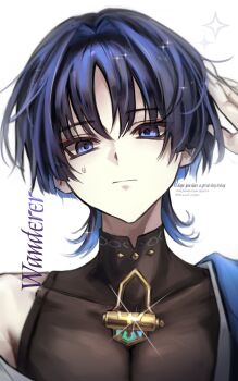 1boy 2026 black_bodysuit blue_cape blue_hair blunt_ends bodysuit cape character_name closed_mouth colored_inner_hair commentary covered_collarbone empty_eyes english_commentary english_text eyeliner eyeshadow genshin_impact glint gold hair_intakes hand_on_own_head hand_up highres japanese_clothes kimono makeup male_focus mandarin_collar multicolored_hair portrait purple_eyes purple_hair red_eyeliner red_eyeshadow scaramouche_(genshin_impact) single_off_shoulder solo sweatdrop talking_ok tsurime wanderer_(genshin_impact) white_background white_kimono wispy_bangs