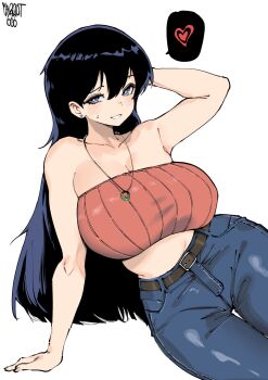 1girl arato_nagi arm_support bare_shoulders belt black_hair blue_eyes blue_pants breasts bright_pupils cleavage collarbone denim earrings grin highres huge_breasts jeans jewelry leaning_to_the_side long_hair looking_at_viewer midriff norman_maggot pants ruri_no_houseki simple_background sitting smile solo strapless stud_earrings taut_clothes taut_pants thigh_gap tube_top white_background