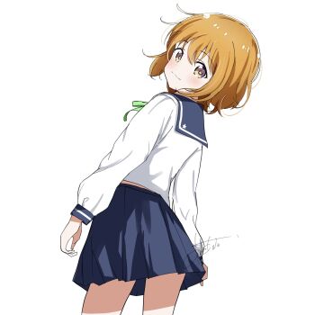 1girl asuka_asumi blue_skirt closed_mouth feet_out_of_frame female_focus hair_between_eyes highres koisuru_asteroid konohata_mira legs_up long_sleeves looking_at_viewer multicolored_eyes orange_hair ribbon school_uniform serafuku shirt short_hair simple_background skirt smile solo standing star_(symbol) white_background white_shirt