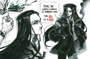 Rule 34 | 1boy, aquiline nose, black hair, book, burning, coat, design speculation, ear piercing, eyebrow piercing, eyelashes, face piercing, fire, gerard keay, goth fashion, hand tattoo, highres, holding, holding lighter, lighter, lips, long hair, male focus, multiple piercings, neck tattoo, nose, nose piercing, nose ring, parted lips, piercing, red eyes, septum piercing, shirt, straight hair, tattoo, the magnus archives, vianerds