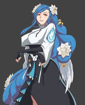 1girl angel_wings black_background black_dress blue_hair braid braided_ponytail breasts covered_erect_nipples crop_top crop_top_overhang crossed_arms dizzy_(guilty_gear) dress fingerless_gloves flower gloves guilty_gear guilty_gear_strive hair_flower hair_ornament large_breasts long_hair looking_at_viewer mature_female open_mouth ponytail queen_dizzy red_eyes sidelocks simple_background solo swept_bangs wings