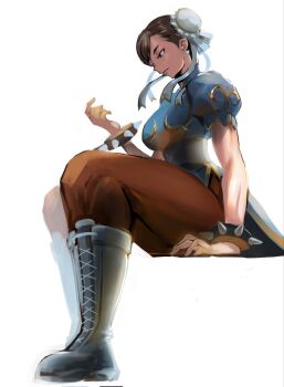 1girl boots bracelet breasts brown_eyes brown_hair bun_cover capcom china_dress chinese_clothes chun-li closed_mouth double_bun dress from_side hair_bun highres jewelry large_breasts meke_(77842928) pantyhose simple_background sitting solo spiked_bracelet spikes street_fighter studded_bracelet thick_thighs thighs white_background white_boots