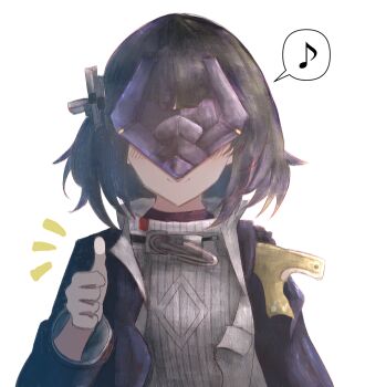 1girl arknights arknights:_endfield black_hair black_jacket closed_mouth commentary eighth_note endministrator_(arknights) female_endministrator_(arknights) grey_sweater highres jacket light_blush long_sleeves machi3983 musical_note open_clothes open_jacket ribbed_sweater short_hair simple_background smile solo spoken_musical_note sweater thumbs_up upper_body white_background