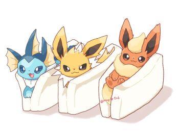 animal_focus blue_eyes bread bread_slice brown_eyes closed_mouth commentary_request flareon food food_focus gen_1_pokemon jolteon kana_(maple926) lying nintendo no_humans open_mouth pokemon pokemon_(creature) pokemon_focus shadow smile twitter_username vaporeon