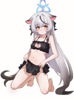 Rule 34 | 1girl, 3:, absurdres, alternate costume, animal ears, bare legs, bare shoulders, barefoot, black bra, black hair, blue archive, blue halo, blush, bra, breasts, cat cutout, cat lingerie, closed mouth, clothes lift, clothing cutout, embarrassed, frilled bra, frills, full body, gradient hair, grey hair, hair between eyes, halo, highres, kneeling, kokona (blue archive), lifting own clothes, long hair, looking at viewer, miniskirt, multicolored hair, no panties, nose blush, orange eyes, pleated skirt, shiny skin, sidelocks, skirt, skirt lift, small breasts, solo, straight hair, streaked hair, thighs, tiger ears, tiger girl, tiptoes, two-tone hair, underwear, very long hair, xiaoxiaoyifan