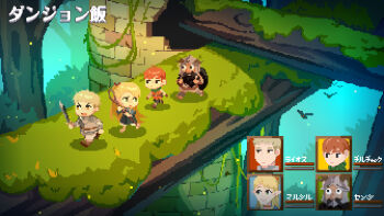1girl 3boys :o armor beard bird blonde_hair boots character_name chilchuck_tims copyright_name dungeon_meshi dwarf elf facial_hair falin_touden forest half_updo halfling health_bar helmet highres holding holding_sword holding_weapon laios_touden light_particles long_hair long_sleeves longdaoshi35763 looking_back marcille_donato moss multiple_boys nature open_mouth orange_hair outdoors pants pixel_art plant pointy_ears queue sandals short_hair sideways_glance sword tower tree very_long_hair vines walking weapon