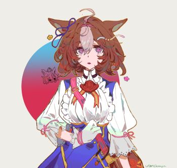 2girls absurdres animal_ears between_breasts blue_skirt breasts brown_bag brown_hair gloves grey_hair hair_between_eyes hairband high-waist_skirt highres horse_ears horse_girl illtenji large_breasts looking_at_viewer meisho_doto_(turbulent_blue)_(umamusume) meisho_doto_(umamusume) multicolored_hair multiple_girls open_mouth purple_hairband shirt short_hair skirt solo_focus strap_between_breasts t.m._opera_o_(umamusume) two-tone_hair umamusume white_gloves white_shirt