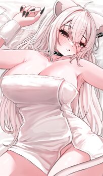 1girl absurdres ahoge animal_ears black_choker black_nails blush breasts choker cleavage closed_mouth grey_eyes grey_hair highres hololive large_breasts lion_ears lion_girl lion_tail long_hair looking_at_viewer lying nail_polish naked_towel on_back ruo1001 shishiro_botan solo tail towel virtual_youtuber