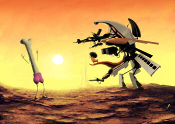 afro animal_with_hair cartoon_bone confrontation desert dog full_body laser_sight ldt machine original pink_shorts robot rocket_launcher sharp_teeth shorts sun surreal teeth weapon