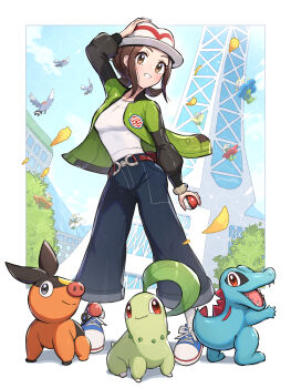 1girl absurdres arm_up belt blue_pants blue_sky breasts brown_eyes brown_hair building chikorita falling_petals fletchling floette floette_(blue_flower) floette_(red_flower) floette_(white_flower) full_body gen_2_pokemon gen_5_pokemon gen_6_pokemon gonzarez green_jacket grin hand_on_own_head harmony_(pokemon) hat highres holding holding_poke_ball jacket lumiose_city nintendo pants petals poke_ball poke_ball_(basic) pokemon pokemon_(creature) pokemon_legends:_z-a shirt shoes short_hair sky smile starter_pokemon_trio tepig totodile white_hat white_shirt
