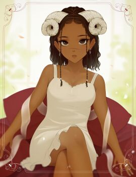 1girl absurdres bare_arms bare_legs bare_shoulders breasts brown_hair cleavage collarbone commentary crossed_legs curled_horns dark-skinned_female dark_skin dress ear_piercing earrings english_commentary forehead hanr10 highres horns jewelry looking_at_viewer medium_breasts medium_hair mole mole_above_eye mole_under_eye original parted_lips piercing pillow revision scar scar_on_face scar_on_nose sitting sleeveless sleeveless_dress solo white_dress