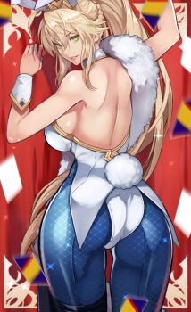 1girl absurdres animal_ears arm_up artoria_pendragon_(fate) artoria_pendragon_(swimsuit_ruler)_(fate) artoria_pendragon_(swimsuit_ruler)_(first_ascension)_(fate) ass back bare_shoulders bareback blonde_hair blue_pantyhose braid breasts card detached_collar fake_animal_ears fate/grand_order fate_(series) feather_boa female_focus fishnet_pantyhose fishnets green_eyes hair_between_eyes half_up_braid highleg highleg_leotard highres large_breasts leotard long_hair looking_at_viewer looking_back pantyhose parted_lips playboy_bunny playing_card ponytail ponytail_with_braided_base rabbit_ears rabbit_tail sideboob sidelocks smile solo sparkle tail thighs tiara white_leotard wrist_cuffs yoshio_(55level)
