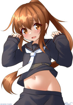 1girl black_sailor_collar black_serafuku black_shirt black_skirt blush brown_eyes brown_hair dated fumizuki_(kancolle) hair_ornament kantai_collection long_hair long_sleeves navel neckerchief necktie no_panties open_mouth ponytail ray.s sailor_collar school_uniform serafuku shirt skirt smile solo twitter_username upper_body white_necktie