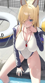 absurdres animal_ears armband blonde_hair blue_archive blue_eyes breasts commentary_request competition_school_swimsuit competition_swimsuit covered_navel dog_ears dog_girl hair_over_one_eye highres innertube kanna_(blue_archive) kanna_(swimsuit)_(blue_archive) large_breasts looking_at_viewer official_alternate_costume official_alternate_hairstyle one-piece_swimsuit one_eye_covered ponytail poppo_myupunk98 purple_armband school_swimsuit swim_ring swimsuit thighs whistle whistle_around_neck