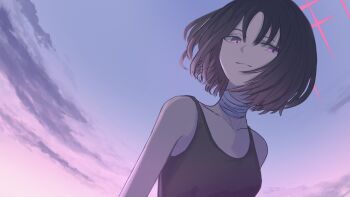 1girl aka_afl_o bandaged_neck bandages black_camisole black_hair blue_archive camisole cloud commentary dutch_angle from_below halo head_lift highres misaki_(blue_archive) portrait purple_eyes purple_sky red_halo short_hair sideways_glance sky solo tagme