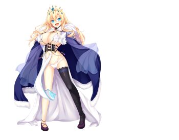 1girl black_thighhighs blonde_hair blue_eyes blush breasts crown full_body hair_between_eyes highres iris_december_uncry large_breasts long_hair looking_at_viewer nora_to_oujo_to_noraneko_heart official_art oozora_itsuki open_mouth panties simple_background single_thighhigh smile solo standing tachi-e thighhighs transparent_background underwear white_panties