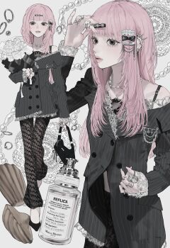 2girls bag bottle bouquet bow brown_eyes ear_piercing flower hair_bow hair_ornament hairclip handbag highres holding holding_bag holding_bouquet jewelry kirochy long_bangs long_hair long_sleeves madeleine multiple_girls multiple_hair_clips multiple_rings multiple_views necklace off_shoulder original pearl_necklace perfume_(cosmetics) perfume_bottle piercing pink_hair pink_nails ring white_flower