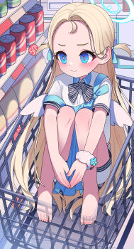 1girl absurdres angel's_24_uniform_(blue_archive) apron barefoot black_necktie blonde_hair blue_apron blue_archive blue_eyes blue_halo blush chinese_commentary commentary_request convenience_store diagonal-striped_clothes diagonal-striped_necktie forehead halo highres hugging_own_legs in_shopping_cart indoors long_hair mini_wings necktie polo_shirt scrunchie shirt shop shopping_cart short_sleeves solo sora_(blue_archive) striped_clothes striped_necktie two_side_up white_scrunchie white_shirt white_wings wings wrist_scrunchie xiamu_chiyu