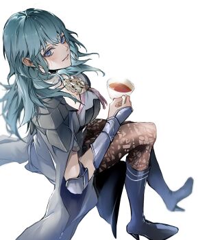 1girl armor black_armor black_boots blue_eyes blue_hair blush boots breasts bustier cape closed_mouth cup female_byleth_(fire_emblem) fire_emblem fire_emblem:_three_houses from_above hair_between_eyes highres holding holding_cup lace lace_pantyhose large_breasts long_hair looking_at_viewer looking_up medium_breasts medium_hair nintendo pantyhose patterned_legwear simple_background smile solo tea teacup vambraces white_background zat_296