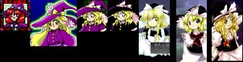 1990s_(style) 1girl apron black_dress black_hat blonde_hair bow braid buttons crescent crescent_hair_ornament dress embodiment_of_scarlet_devil evolution female_focus hair_ornament hair_over_one_eye hat hat_bow kirisame_marisa kirisame_marisa_(pc-98) long_hair lotus_land_story multiple_persona multiple_views mystic_square phantasmagoria_of_dim.dream puffy_short_sleeves puffy_sleeves purple_dress purple_hat red_bow red_eyes red_hair retro_artstyle ribbon scarf shirt short_hair short_sleeves single_braid the_story_of_eastern_wonderland touhou touhou_(pc-98) white_bow white_ribbon white_shirt witch_hat yellow_bow yellow_eyes yellow_ribbon zun_(artist)