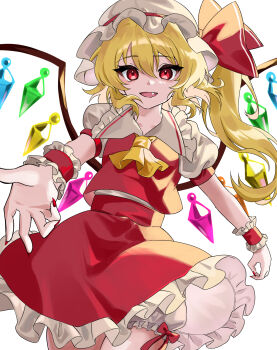 1girl ascot blonde_hair collarbone commentary crystal_wings fang flandre_scarlet frilled_shirt_collar frilled_skirt frilled_wrist_cuffs frills hair_between_eyes hat highres long_hair mob_cap nail_polish nyumuji_ppp open_mouth puffy_short_sleeves puffy_sleeves reaching reaching_towards_viewer red_eyes red_nails red_shirt red_skirt shirt short_sleeves side_ponytail simple_background skirt skirt_set solo touhou white_background white_hat wings wrist_cuffs yellow_ascot