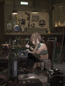 1girl absurdly_detailed_composition bare_arms bare_shoulders blue_eyes bottle brown_hair ceiling_light chair closed_mouth clothes_around_waist commentary_request crop_top female_focus globe gloves grey_gloves grey_sports_bra highres holding holding_screwdriver indoors jacket jacket_around_waist loaded_interior long_hair looking_down machine midriff navel original paindude screwdriver shelf shovel sidelocks sitting sleeveless sleeveless_turtleneck solo sports_bra table turtleneck