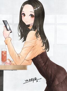 Rule 34 | 1girl, black hair, black skirt, brown eyes, brown shirt, cellphone, cocktail, cocktail glass, cup, drinking glass, drinking straw, from side, hair ornament, hashtag-only commentary, high-waist skirt, holding, holding phone, long hair, marker (medium), meeya, original, phone, shirt, signature, skirt, smartphone, solo, standing, traditional media, turning head, x hair ornament