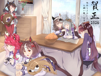 2026 6+girls :p absurdres ahoge almond_eye_(umamusume) anger_vein animal_ears annoyed bear blush brown_hair chrono_genesis_(umamusume) clenched_hand closed_eyes closed_mouth commentary_request curren_bouquetd'or_(umamusume) curtains daring_tact_(umamusume) drooling feet_on_another's_face food fruit glass_door gran_alegria_(umamusume) grey_hair hair_between_eyes hair_ornament highres horse_ears horse_girl jacket kumakuma19193 long_hair loves_only_you_(umamusume) lucky_lilac_(umamusume) multiple_girls nervous_sweating newspaper open_mouth orange_(fruit) playing_games red_hair school_uniform sleeping smile standing sweat thighhighs tongue tongue_out tracen_school_uniform track_jacket umamusume x_hair_ornament