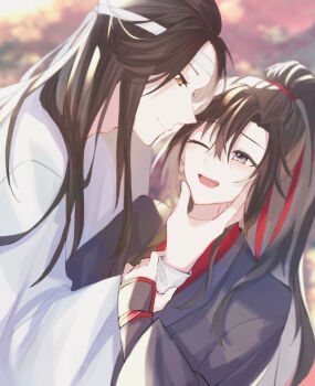 2boys ;d bishounen black_hair black_hanfu blurry blurry_background brown_hair chinese_clothes closed_mouth commentary_request couple grey_eyes hair_ribbon hand_on_another's_chin hand_on_another's_face hanfu headband high_ponytail holding_another's_wrist hug lan_wangji long_hair long_sleeves looking_at_another male_focus modao_zushi multiple_boys nekohashi_ru one_eye_closed open_mouth ponytail puffy_long_sleeves puffy_sleeves red_ribbon ribbon robe smile upper_body wei_wuxian white_hanfu white_headband wide_sleeves yaoi yellow_eyes