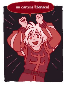 Rule 34 | 1boy, caramelldansen, dancing, heart shard (princess tutu), lowres, male focus, mytho (princess tutu), princess tutu, red eyes, red shirt, shirt, smile, solo, vital-shards, white hair
